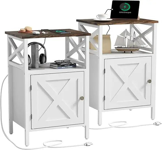 End Table Set of 2 with Charging Station, Side Table with Power Outlet & USB Ports, Nightstand with 2 Tiers Storage Space and St