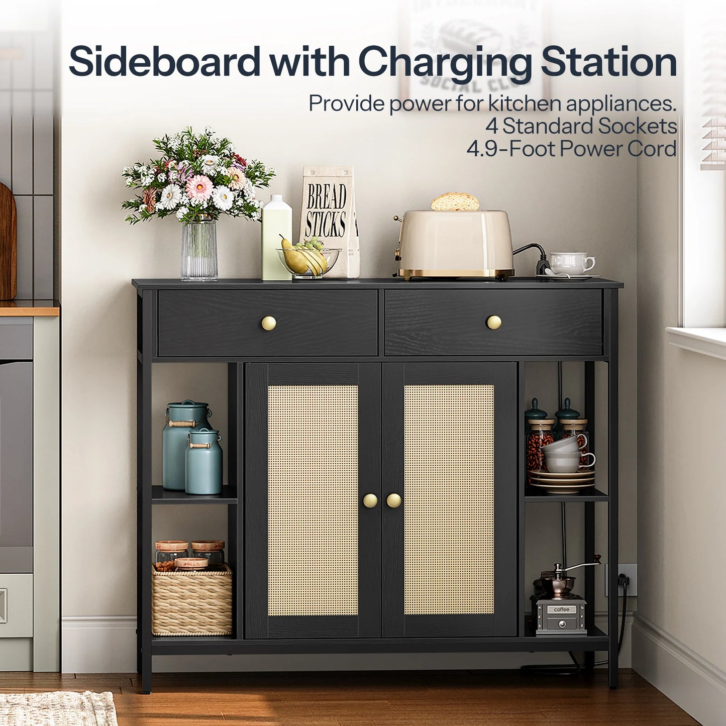42" HOOBRO Sideboard Buffet Cabinet with Charging Station - Loft&Timber
