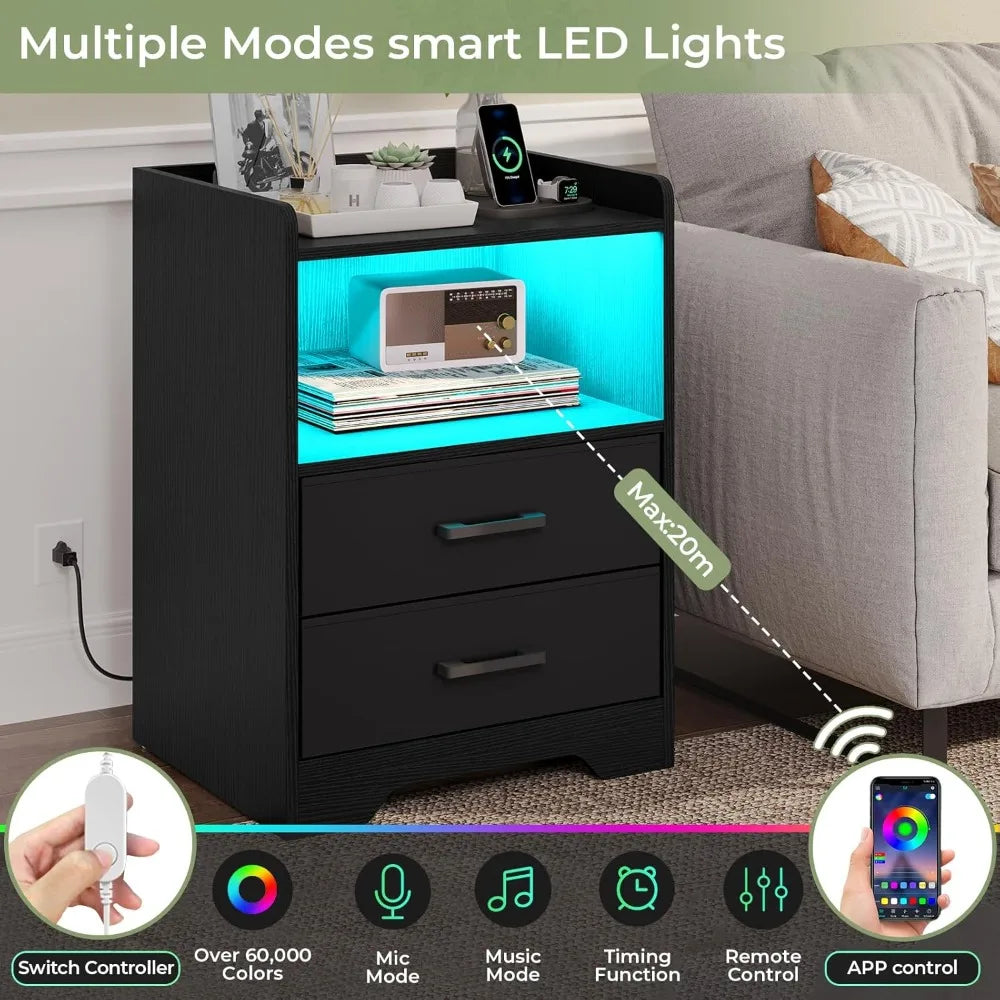 Night Stand Set of 2 with LED Lights and Charging Station, Modern Bedside End Table with 2 Fabric Storage Drawers, Black