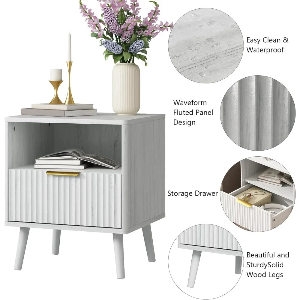 Fluted Nightstand with Drawers, 16'' Wide Wood End Table for Bedroom, Small Space Bedside Table, Modern Night Stand for Living