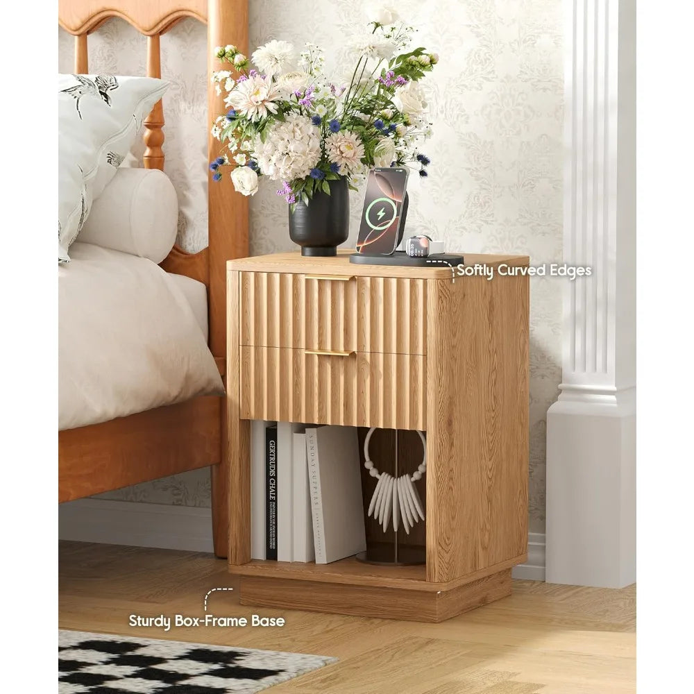 Fluted Nightstands Set of 2 with Charging Station, 15.7" Wide 2 Storage Drawers End Table with LED Light, Curved Profile