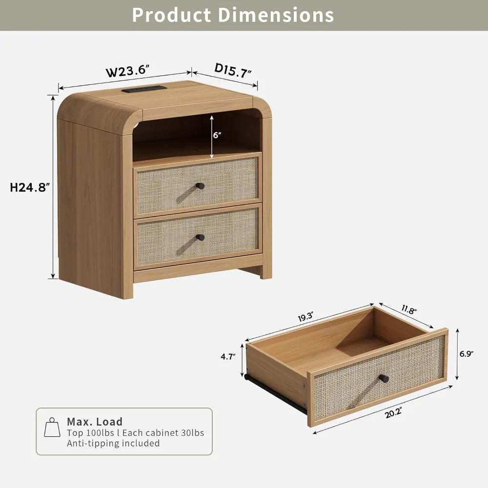 rattan nightstand set of 2, 23.6'' rattan end table with ample storage, boho nightstand with charging station, thick