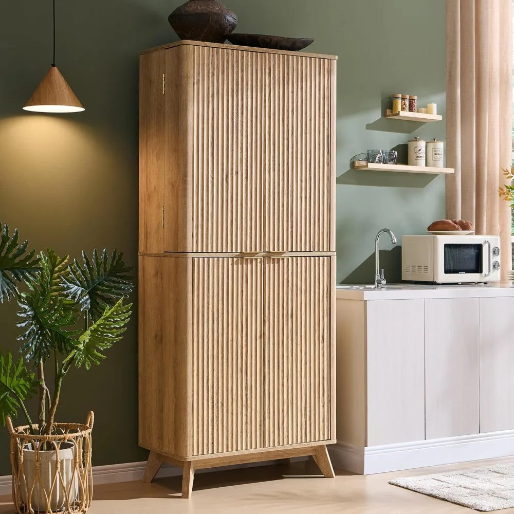 Fluted Kitchen Pantry, 72" Tall Mid Century Modern Storage Cabinet with Adjustable Shelves - Loft&Timber