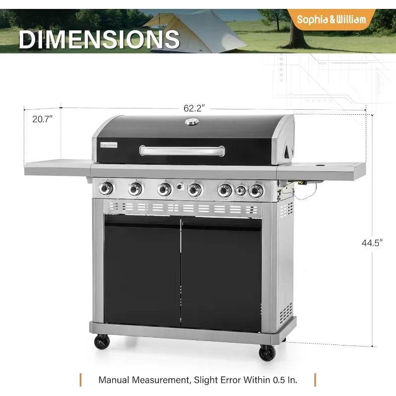 6-Burner Propane BBQ Grill, Porcelain Cast Iron Grates & Side Burner, Black - Loft&Timber