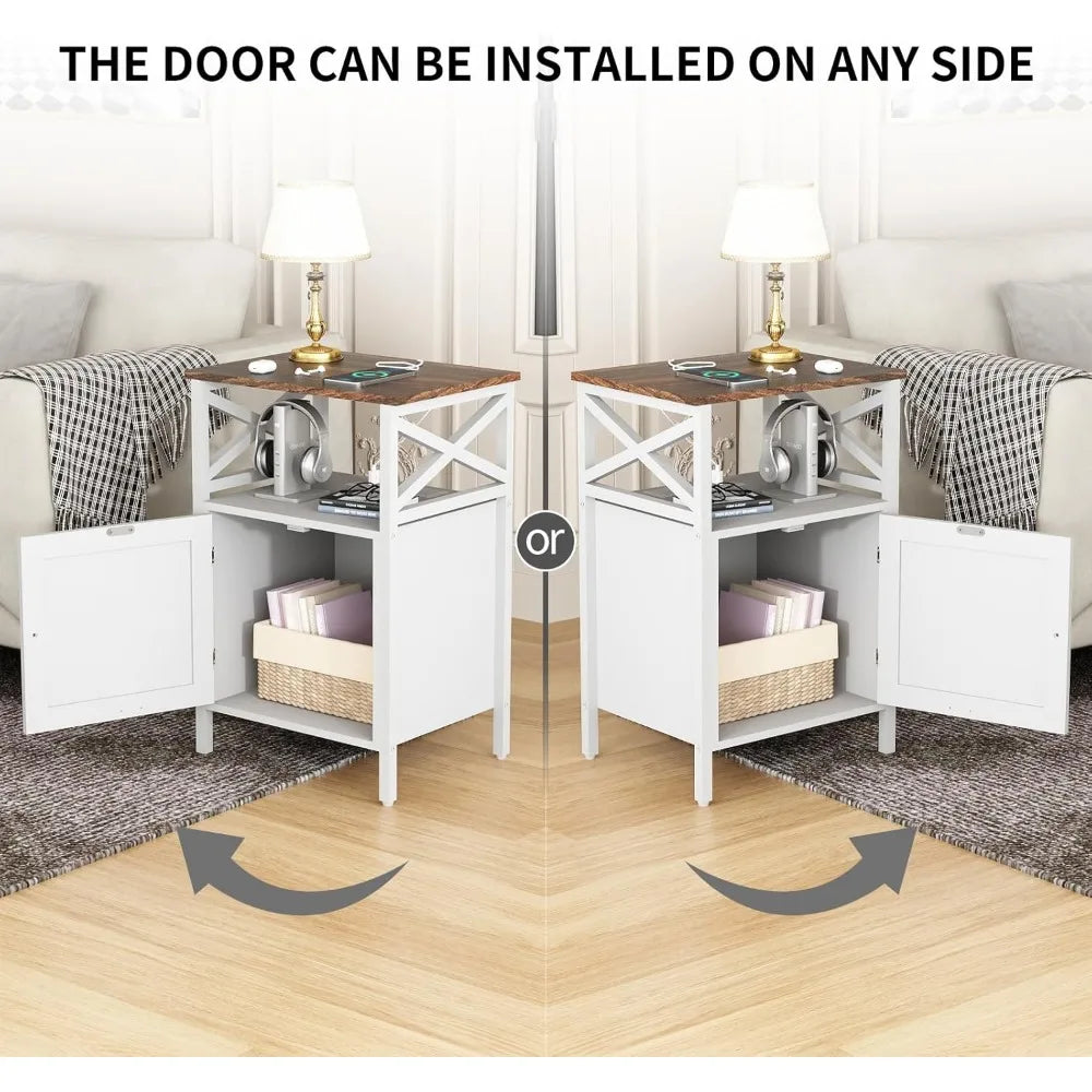 End Table Set of 2 with Charging Station, Side Table with Power Outlet & USB Ports, Nightstand with 2 Tiers Storage Space and St