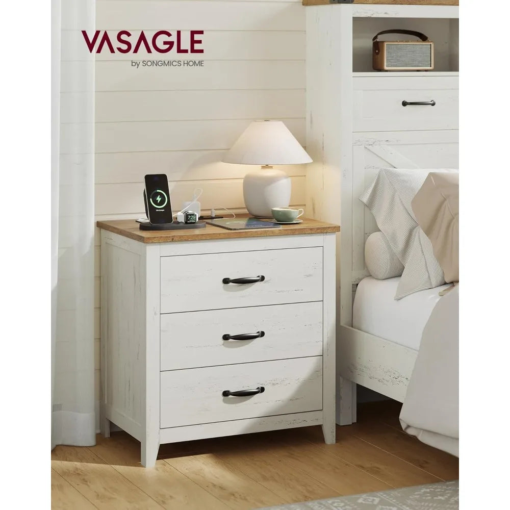 Charging Station Farmhouse Nightstand - 3 Drawer Bedside Table for Bedroom