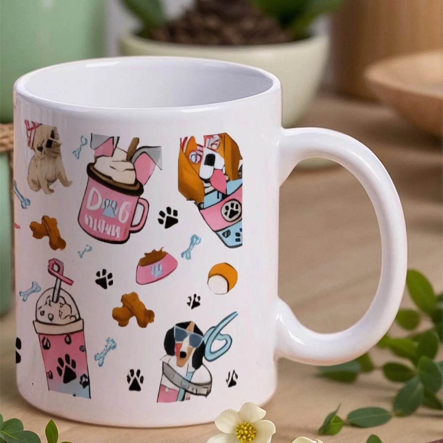 A Group of Cartoon Dogs with Drinks And Paw Prints.1 Water Bottles, 330ml Coffee Cup - Loft&Timber