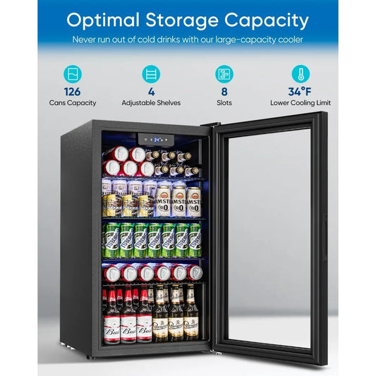 3.2 Cu.Ft Mini Fridge with Glass Door - 126 Can Beverage Refrigerator Cooler