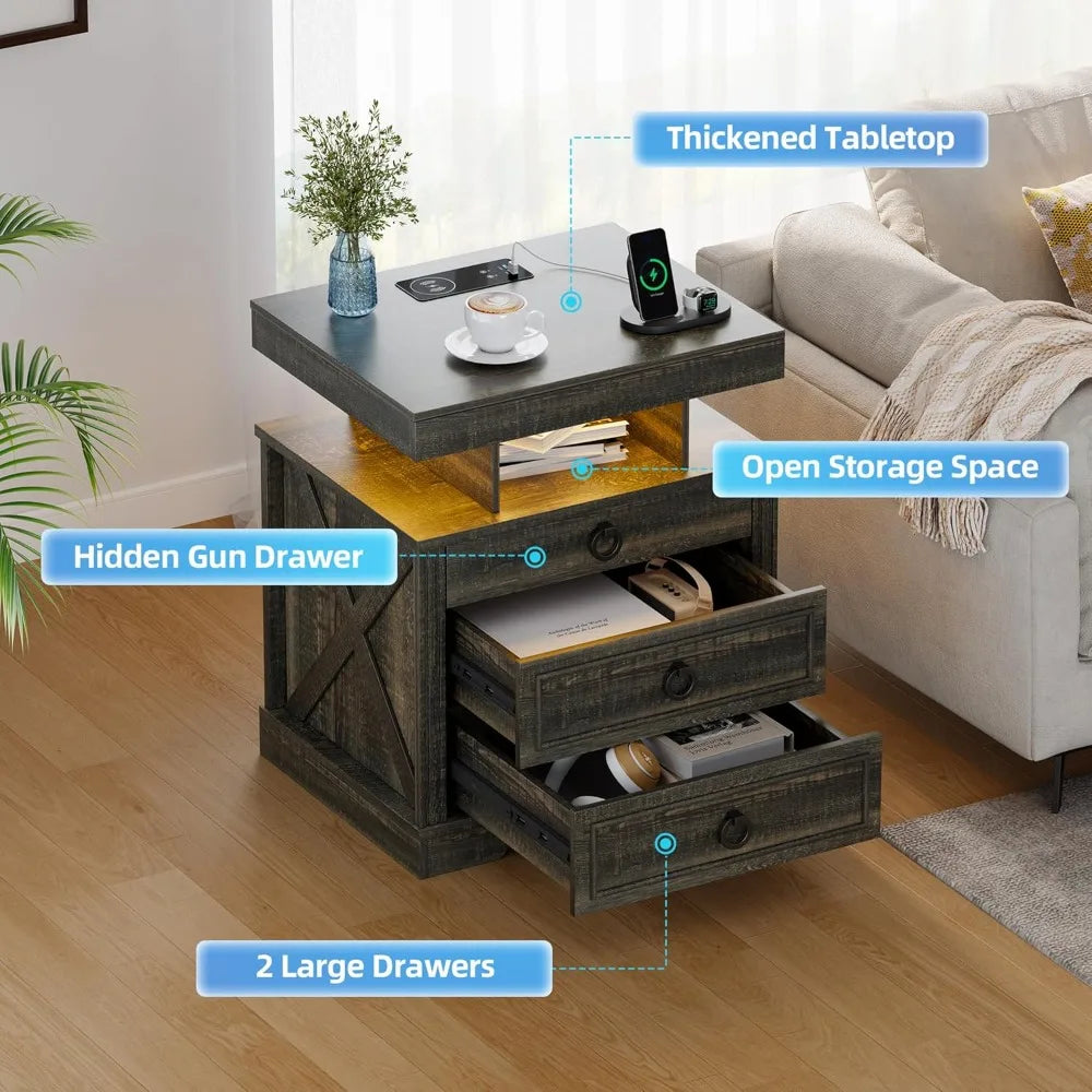 Nightstand with Gun Drawer, LED Bedside Table with Charging Station, Modern Night Stand with Human Sensor Design, Smart E
