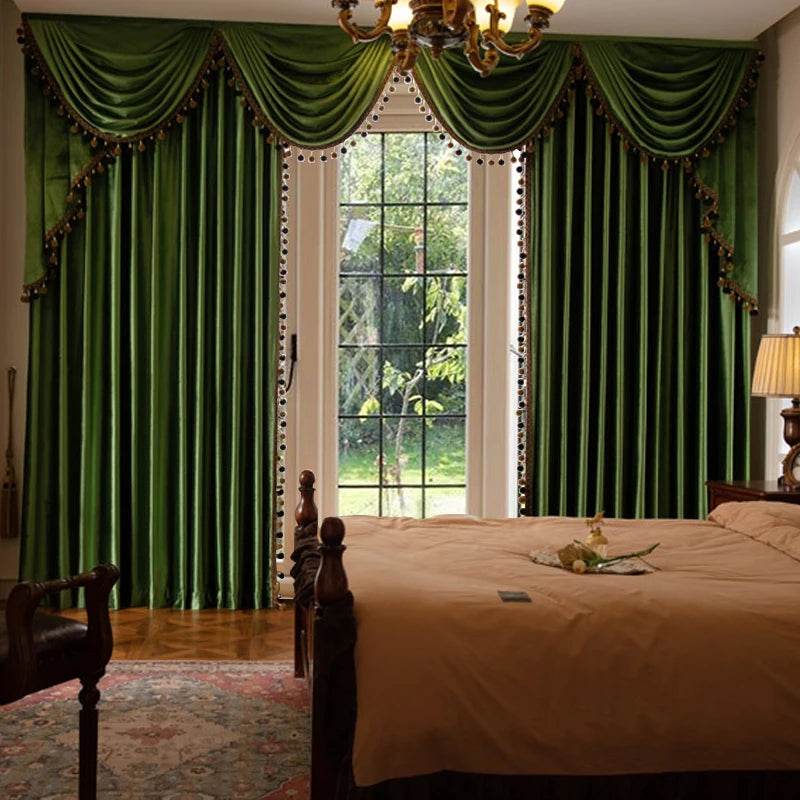 2pcs high-grade American retro green solid color shading flannelette curtain, no valance - Loft&Timber