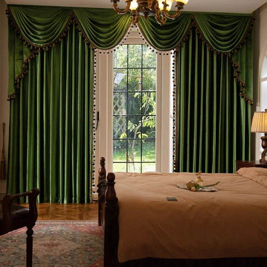 2pcs high-grade American retro green solid color shading flannelette curtain, no valance - Loft&Timber