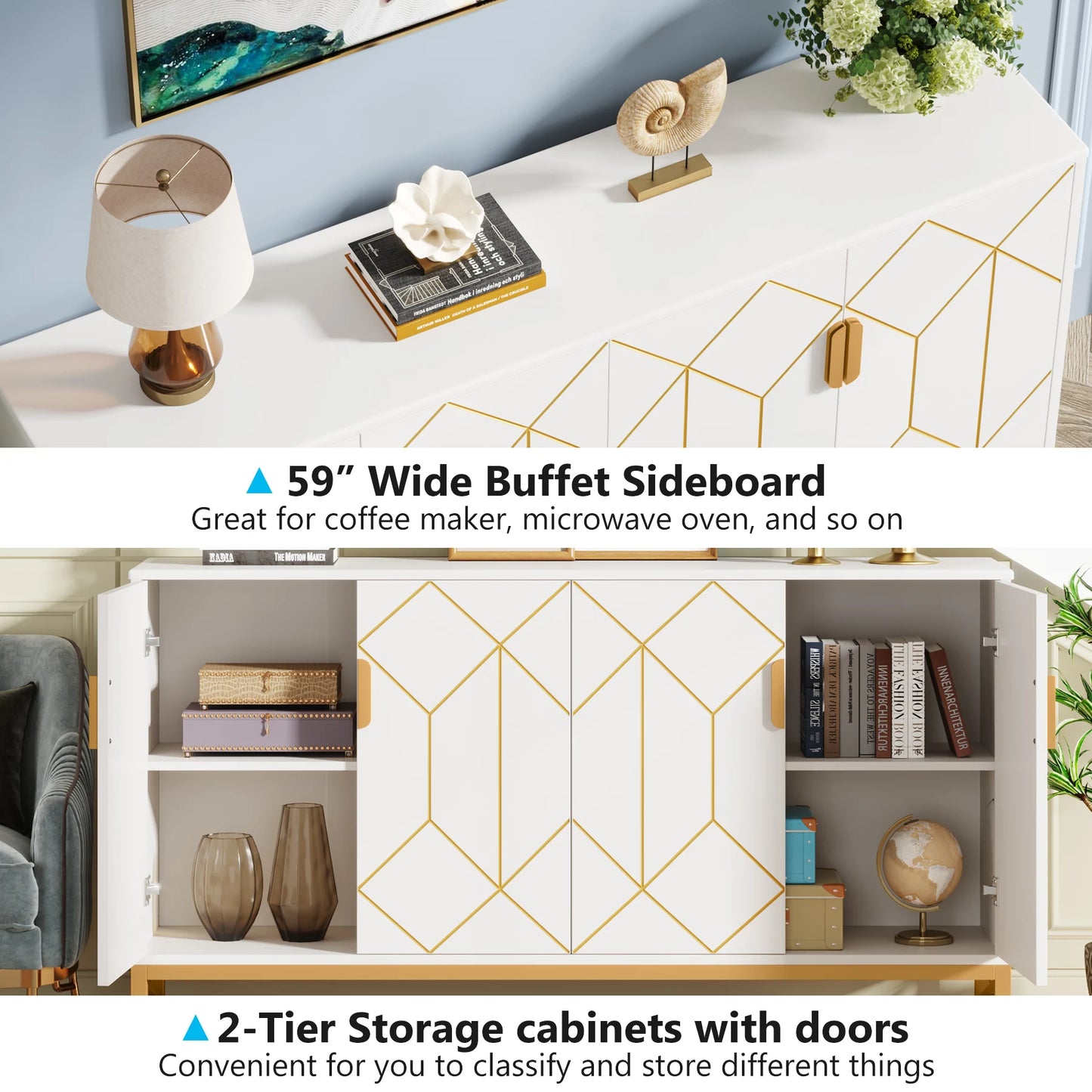 Tribesigns 59" White Gold Buffet Cabinet with Storage - Loft&Timber
