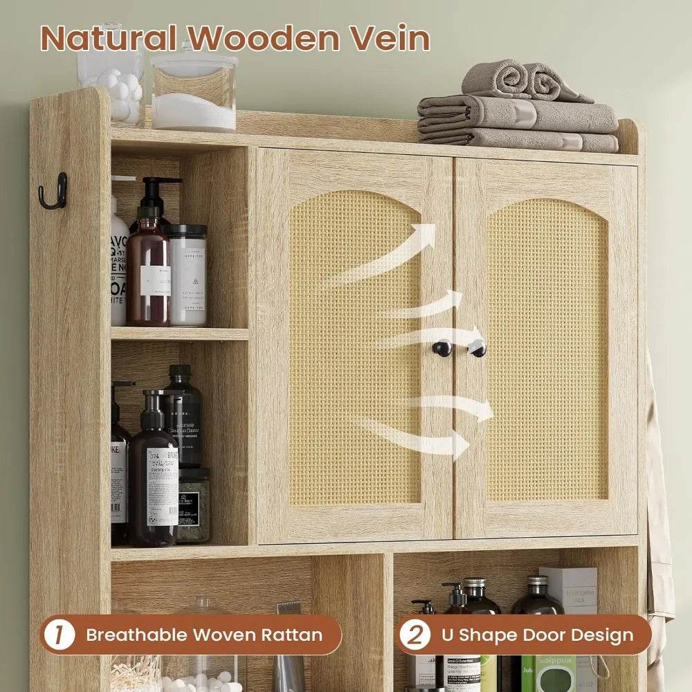 farmhouse style rattan bathroom storage cabinet with over-the-toilet organizer and barn door design - Loft&Timber