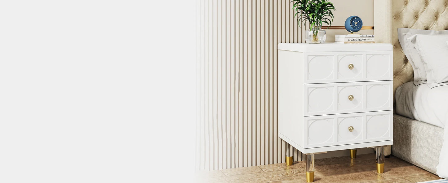 Tribesigns 3-Drawer Nightstand Tall White and Gold Bedside Table with Drawers, Versatile Modern White Night Stand with Storage