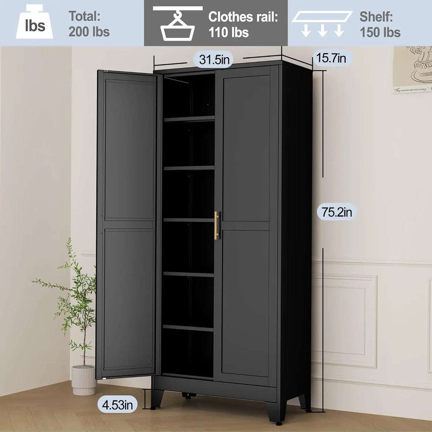 Black Metal Storage Cabinet,75" Steel Pantry - Loft&Timber