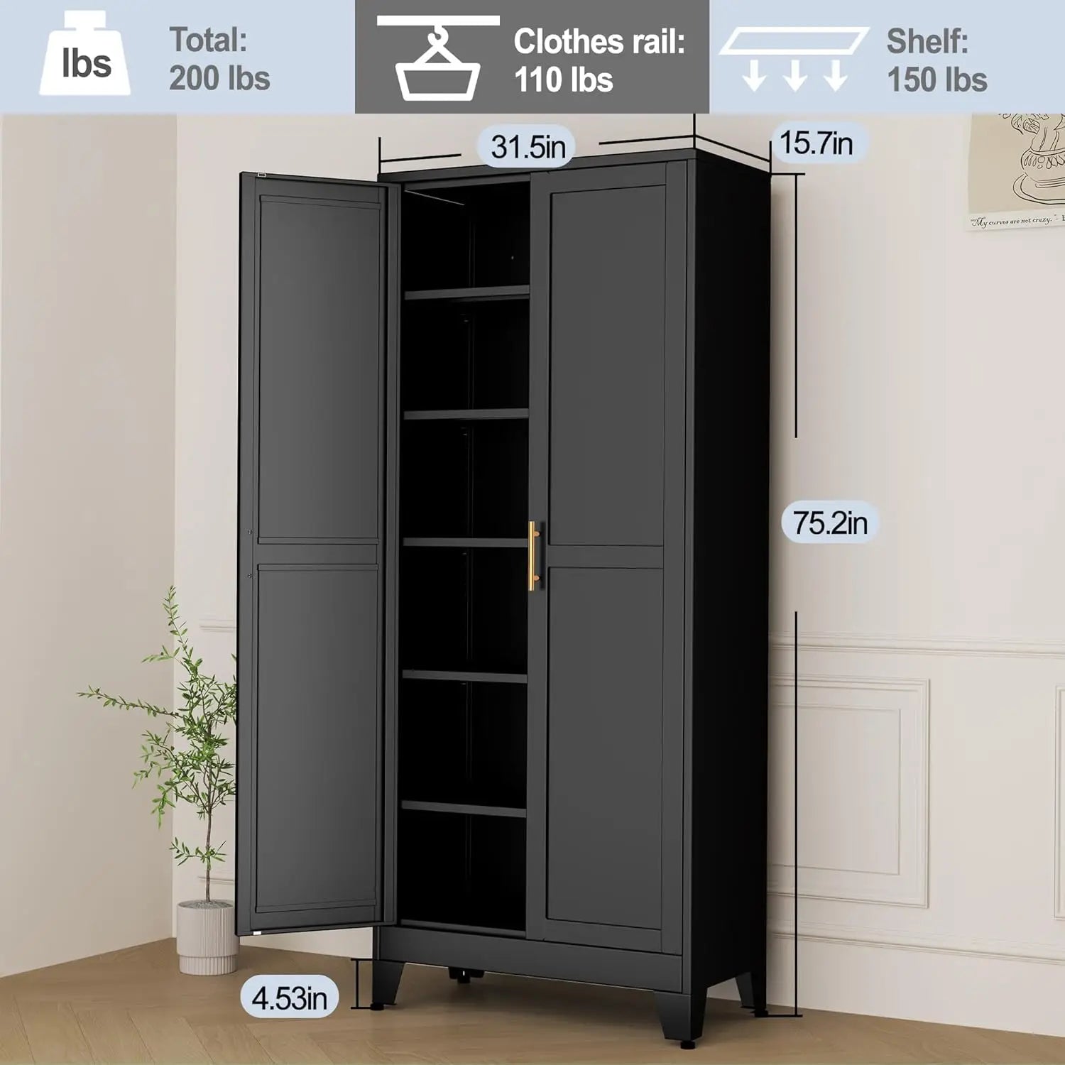 Black Metal Storage Cabinet,75" Steel Pantry - Loft&Timber