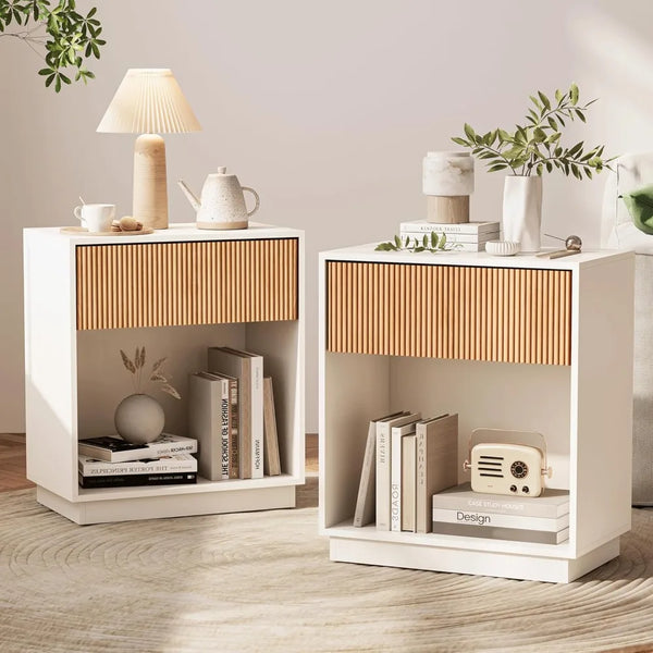 fluted nightstands set of 2, modern bedside table with drawer and storage shelf, wood end table mid century night stands for bed