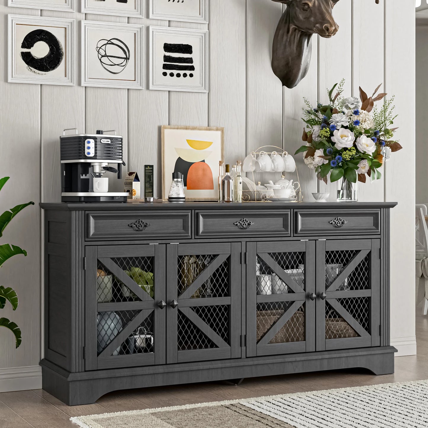 ZBOM 63" Farmhouse Buffet Sideboard Cabinet with 3 Drawers and Charging Station - Loft&Timber