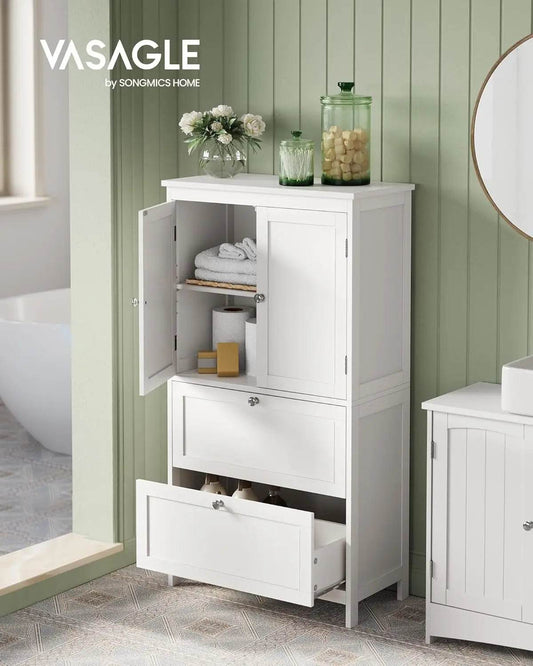 Bathroom Floor Storage Cabinet, Bathroom Storage Unit, Freestanding Cabinet with 2 Drawers and 2 Doors, Adjustable Shelf - Loft&Timber