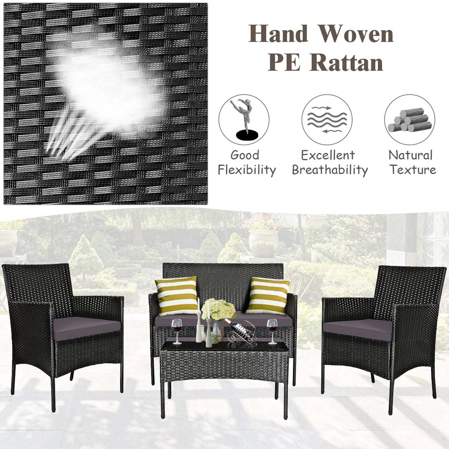 4PCS Patio Rattan Furniture Set Cushioned Sofa Coffee Table Backyard Grey - Loft&Timber