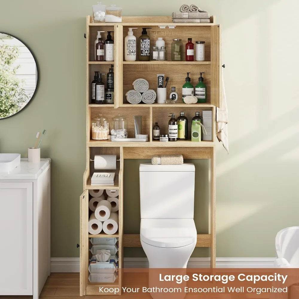 farmhouse style rattan bathroom storage cabinet with over-the-toilet organizer and barn door design - Loft&Timber