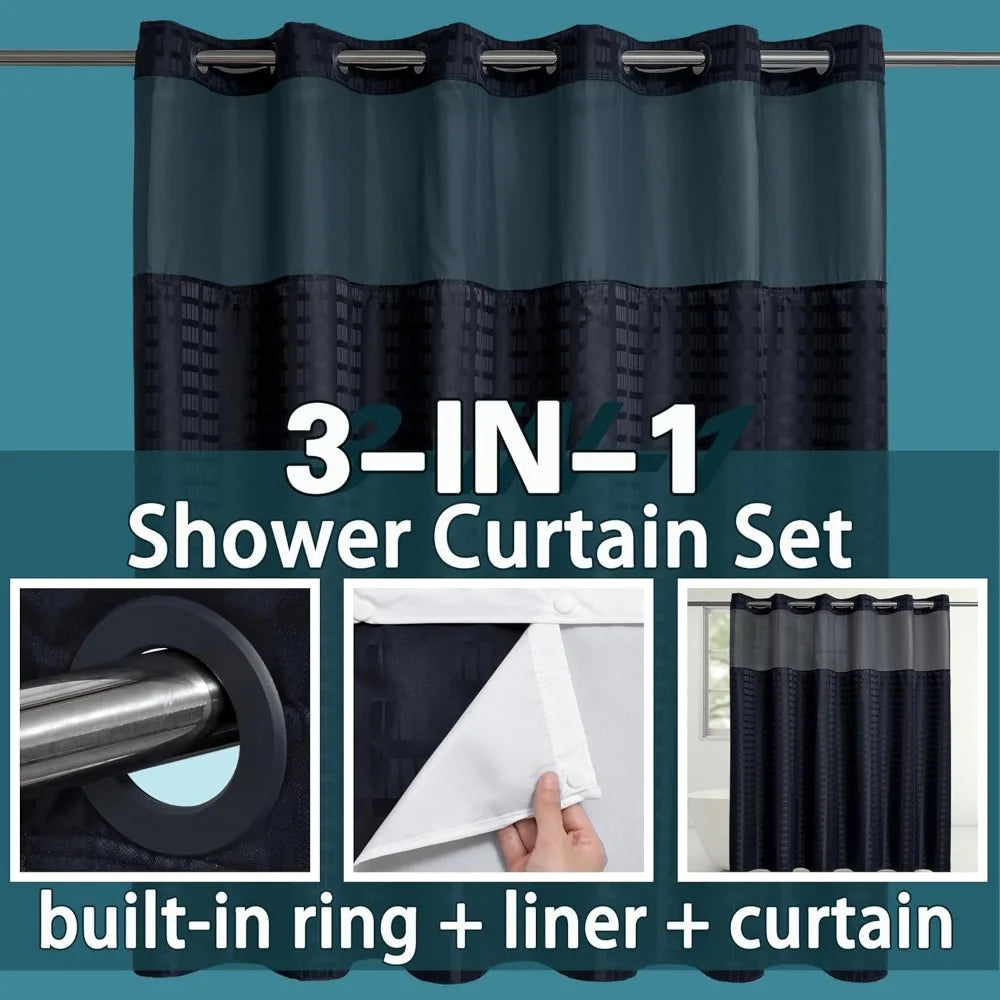 extra wide no hook shower curtain with snap in liner set, 108" x 74" hotel luxury black shower curtains