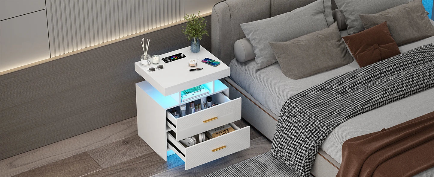 JDPAG LED Nightstand with Wireless Charging Station,Black Night Stand with 2 Drawers,Glass Top Smart Bedside Table