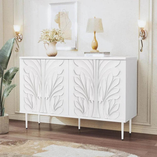 Sideboard Buffet Cabinet with 3D Flower; Accent Cabinet with 4 Doors - Loft&Timber