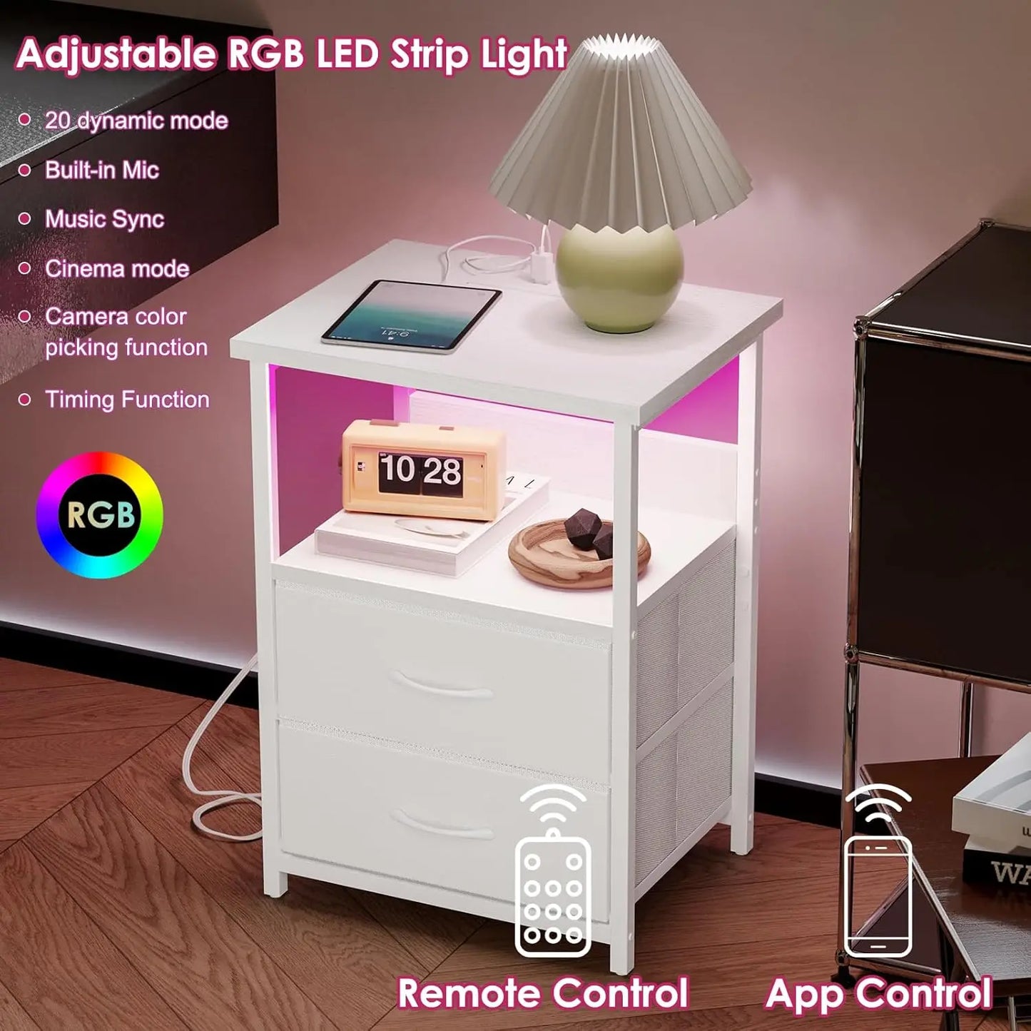Nightstand Set of 2 Night Stand with Charging Station, LED Nightstand with Fabric Drawers, End Table with PU Finish, Bed Side Ta