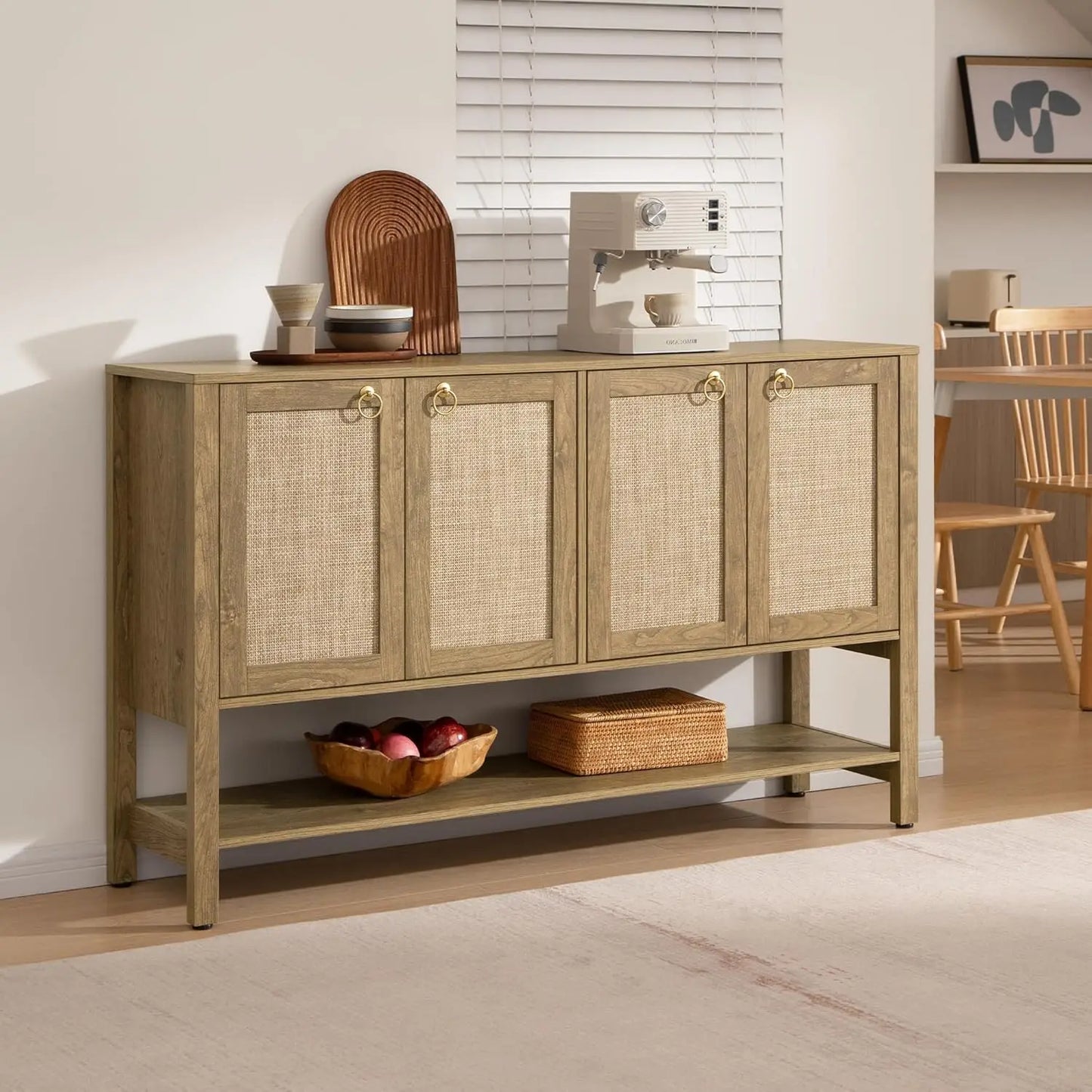 55" 4 Door Rattan Sideboard Buffet Cabinet with Open Storage - Loft&Timber