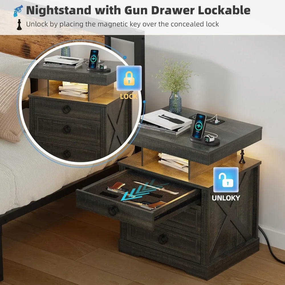 Nightstand with Gun Drawer, LED Bedside Table with Charging Station, Modern Night Stand with Human Sensor Design, Smart E