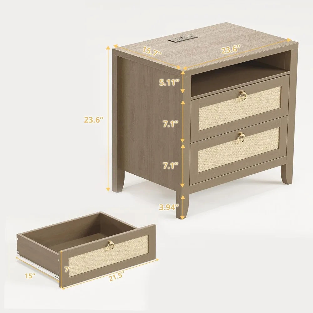 23.6" Rattan Night Stand Set of 2, Boho Nightstands with Charging Station, 2 Drawers and Strage Shelf, Large Night Stand