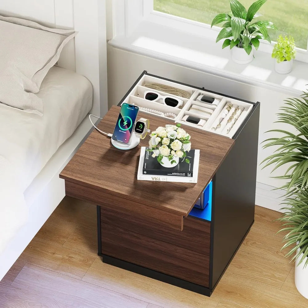 "modern lockable nightstand with hidden compartment, usb/type-c charging port, and led lighting"