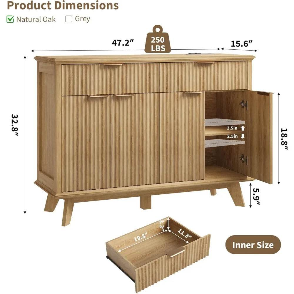 Sideboard Buffet Cabinet with Charging Station (2 Drawer, Natural Oak) - Loft&Timber