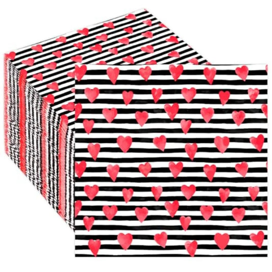 50 Pack Paper napkins Red Heart Stripe Cocktail napkins