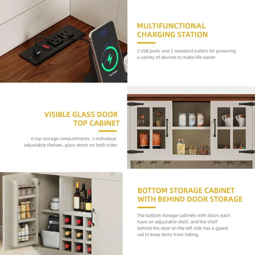 Coffee Bar Cabinet with Power Outlet/Lights, 72" Pantry wers, Tall Liquor Cabin - Loft&Timber