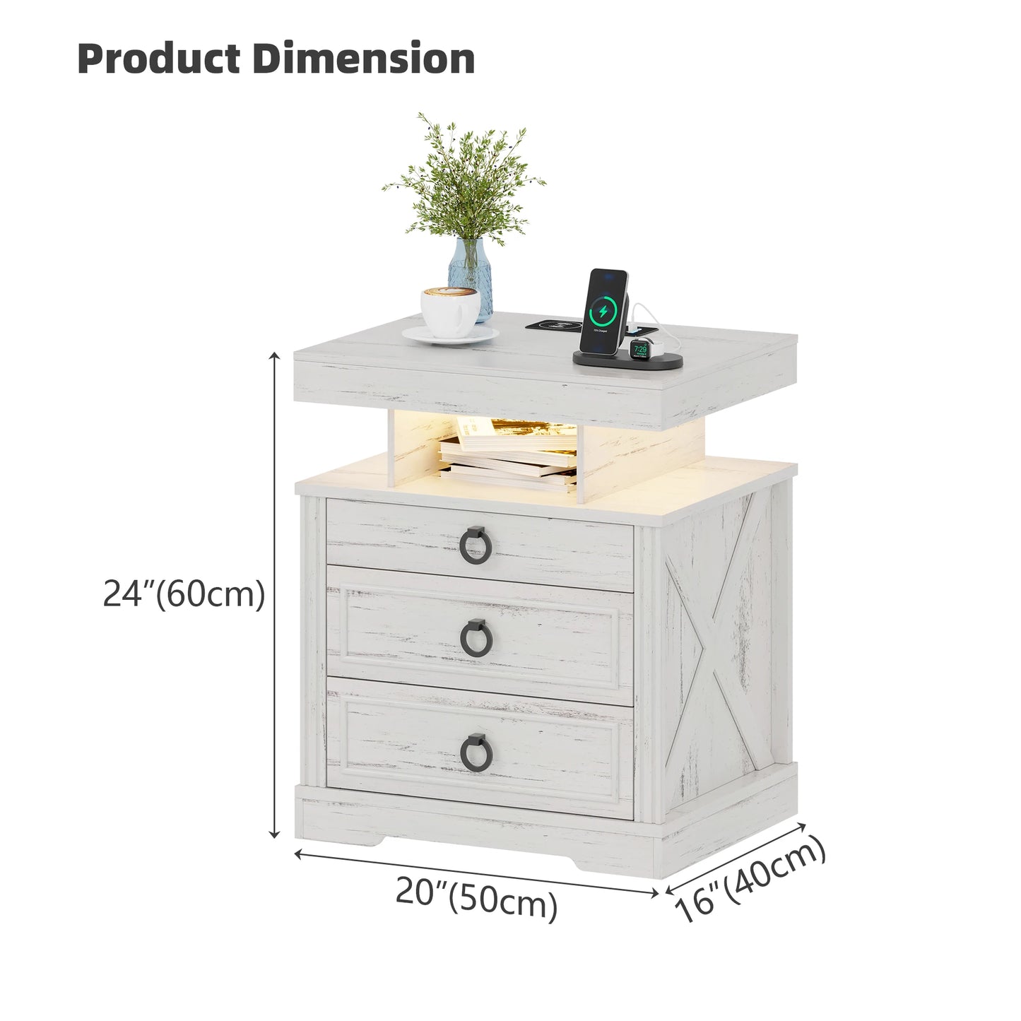 JDPAG Farmhouse Nightstand with Lockable Gun Drawer,3 Color Dimmable LED End Table with Charging Station,Bedside Table with Huma