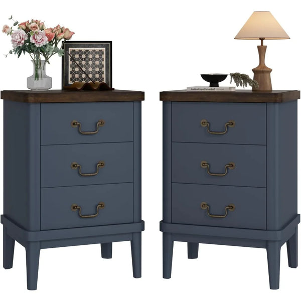 Farmhouse Nightstand with 3 Drawers,Modern Bedside Table with Round Curved Corner and Metal Handles, Wood End Side Table for Li