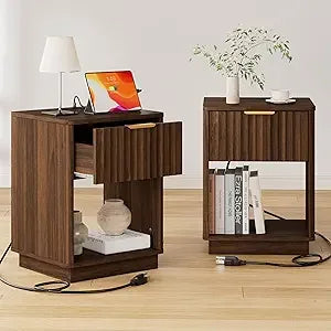 Fluted Nightstand Set of 2 with Charging Station, 18" Bedside Table End Table with Drawer & Open Shelf, Mid Century Modern Night