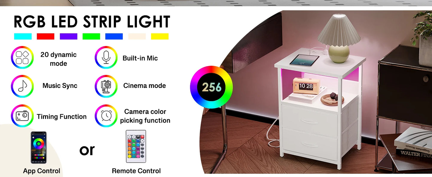 Nightstand Set of 2 Night Stand with Charging Station, LED Nightstand with Fabric Drawers, End Table with PU Finish, Bed Side Ta