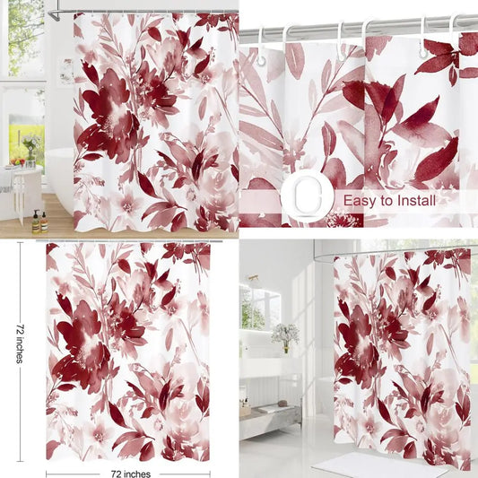 burgundy watercolor floral shower curtain, red plant leaves with flower