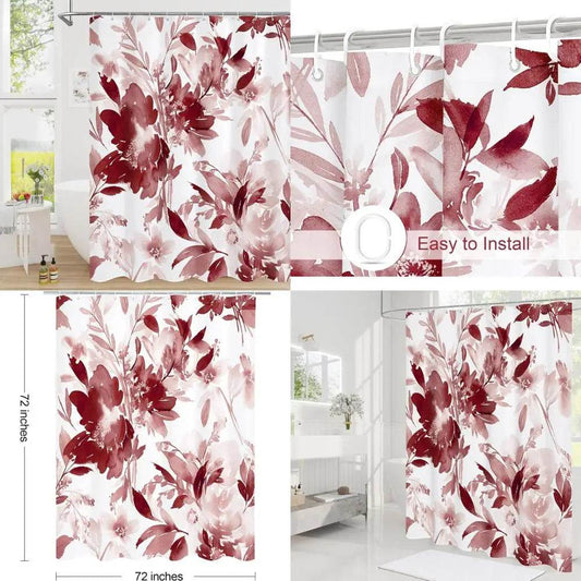 burgundy watercolor floral shower curtain, red plant leaves with flower - Loft&Timber
