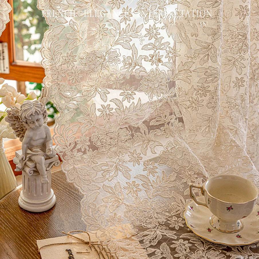 2PC French Vintage Embroidery Lace Beige Sheer Curtains - Loft&Timber
