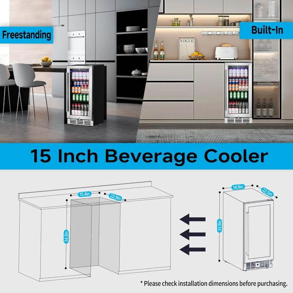 15 Inch Beverage Refrigerator Under Counter - 126 Cans Beverage Fridge with Glass Door for Beer Wine Soda - Built-in
