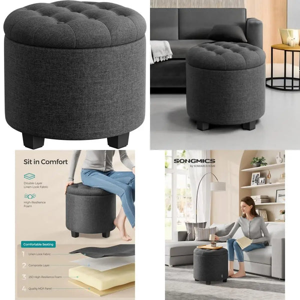 SONGMICS Storage Ottoman, Round Footrest with Legs, 17.7 Diameter x 17.5 High, Supports up to 330 lbs, Ideal for Living Rooms