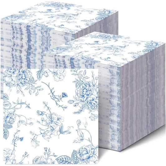 50 Pack Blue Floral Cocktail napkins Blue and White Floral Paper