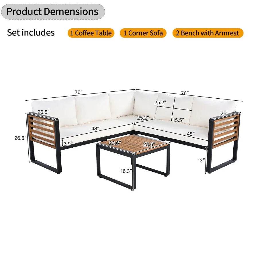 GO 4 Pieces Outdoor Patio Set Metal and Wood Frame Sectional with Soft Cushions & Coffee Table - Loft&Timber
