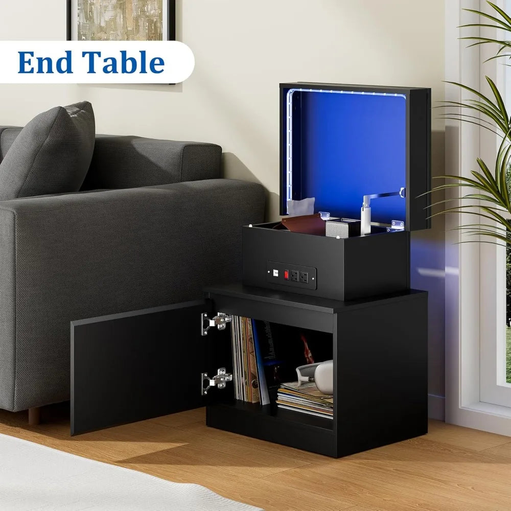 contemporary black nightstand with charging port and flip-top design for bedrooms
