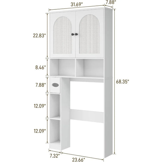 Over-the-Toilet Rattan Storage Cabinet with Double Doors and Toilet Paper Stand, Freestanding
