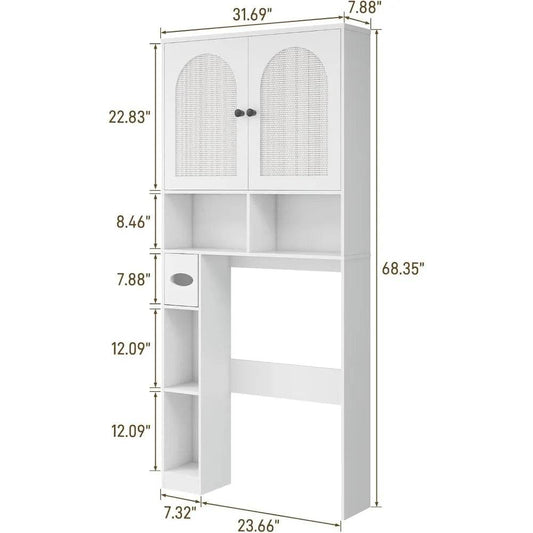 Over-the-Toilet Rattan Storage Cabinet with Double Doors and Toilet Paper Stand, Freestanding - Loft&Timber